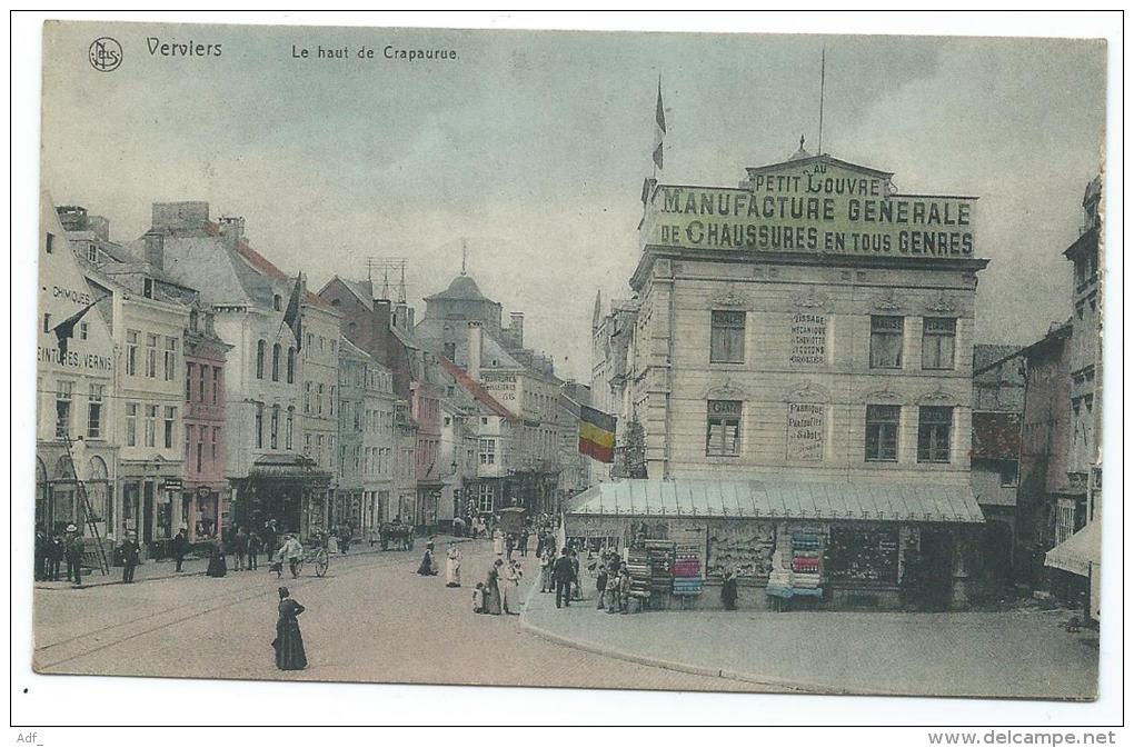 CPA COLORISEE ANIMEE VERVIERS, MAGASIN AU PETIT LOUVRE MANUFACTURE GENERALE DE CHAUSSURES EN TOUS GENRES, BELGIQUE - Verviers