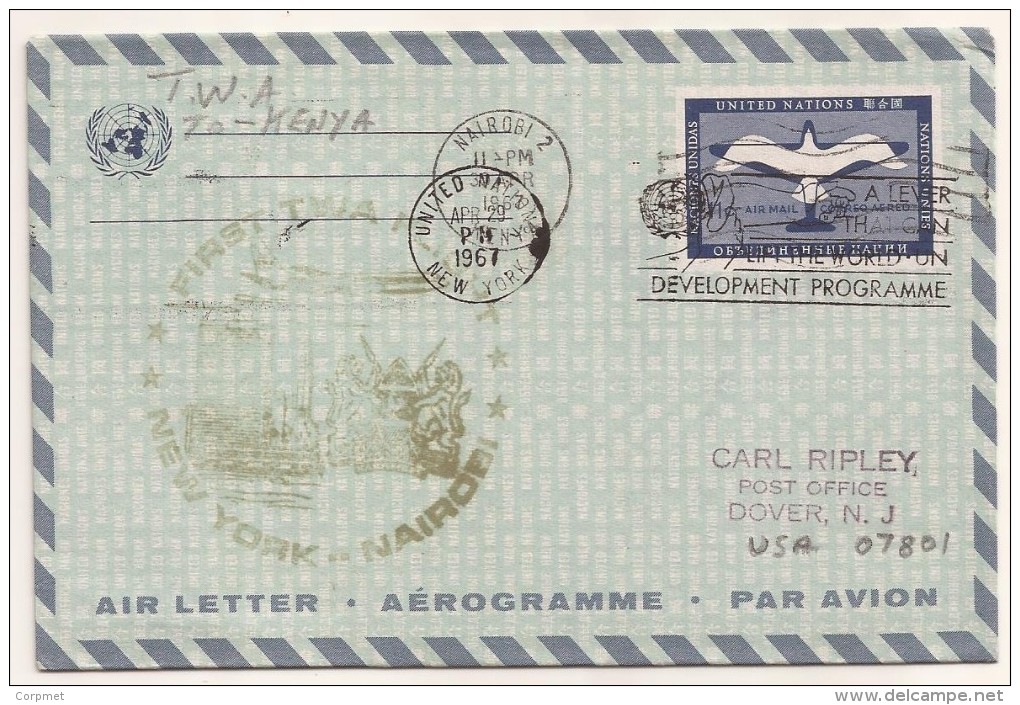 UNITED NATIONS - ONU - 1967 FIRST TWA FLIGHT AEROGRAMME  From NEW YORK To NAIROBI - KENYA On ENTIRE CACHETED OVER - Poste Aérienne