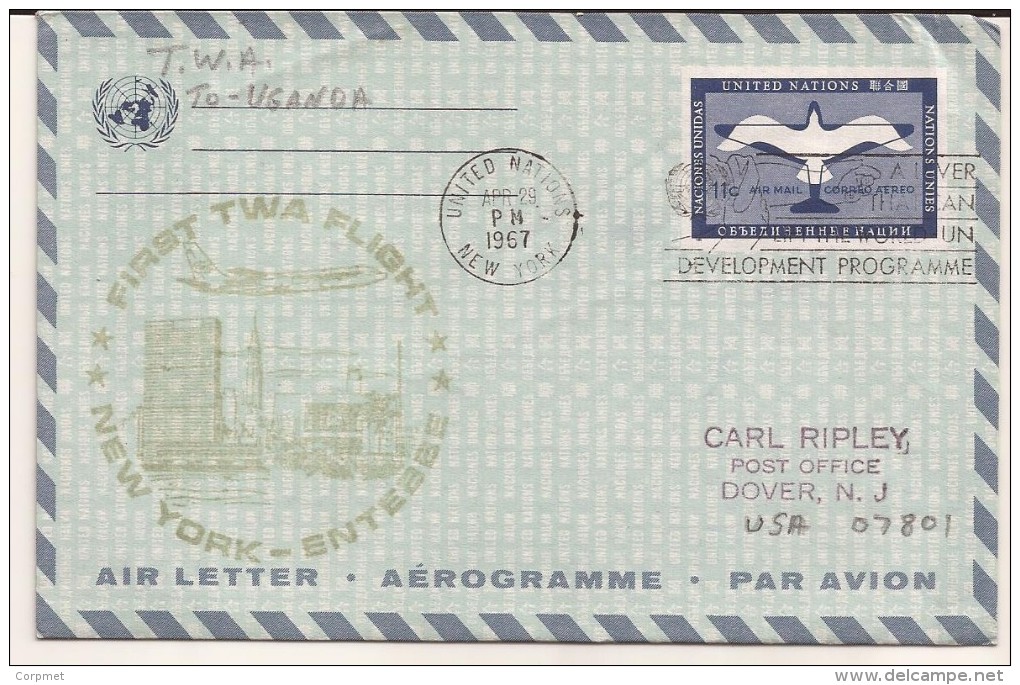 UNITED NATIONS - ONU - 1967 FIRST TWA FLIGHT AEROGRAMME  From NEW YORK To ENTEBBE - UGANDA On ENTIRE CACHETED OVER - Poste Aérienne