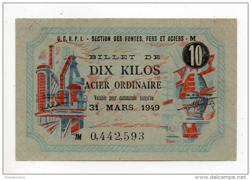 Bon De Matière - Acier Ordinaire - 10 Kg - CETR - Filigrané - 31 Mars 1949 - JM  0, 442, 593 - Bons & Nécessité