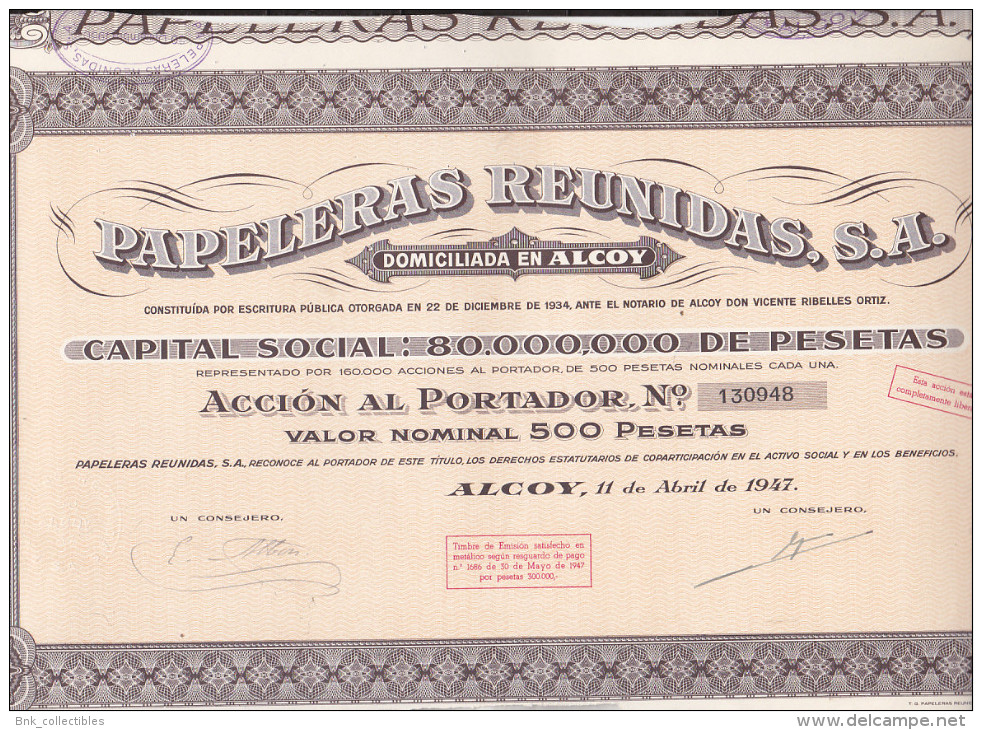 Spain Stock Bond - Papeleras Reunidas SA 1947 Alcoy - Industrie