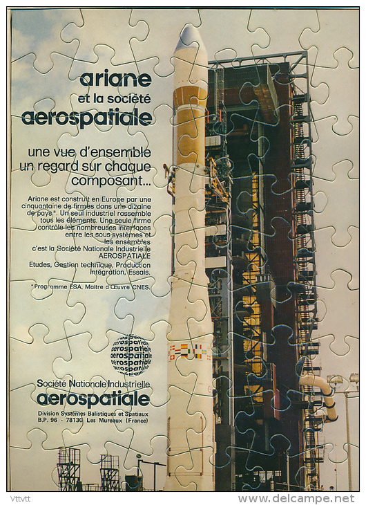 Rare Et Superbe Puzzle : Ariane Et La Société Aérospatiale (22 Cm Sur 30 Cm) Dans Sa Boite D'origine, Les Mureaux, Fusée - Puzzles