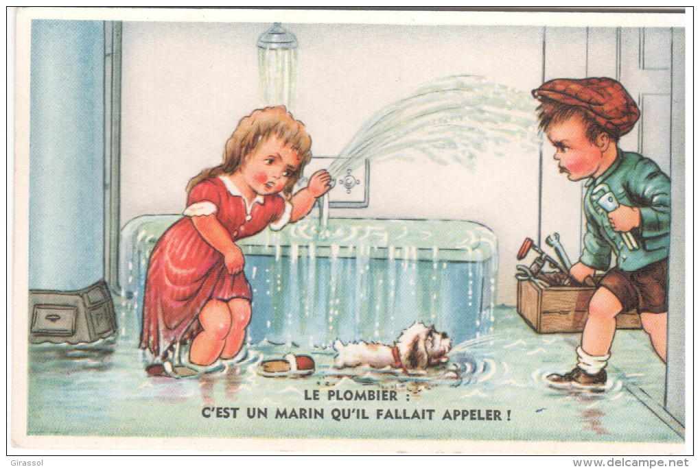 CPSM ENFANTS JOUANT AVEC DE L EAU LE PLOMBIER C EST UN MARIN HUMOUR 1958 - Scènes & Paysages