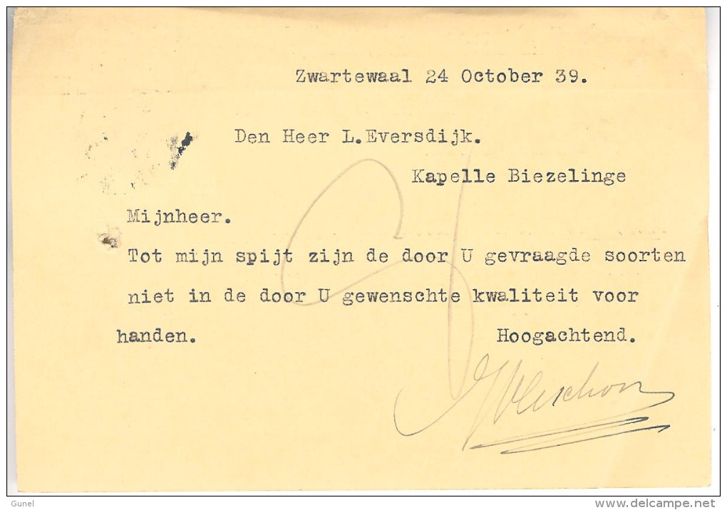 1939 Firmabk Van ZWARTEWAAL Naar Kapelle-Biezelinge - Brieven En Documenten