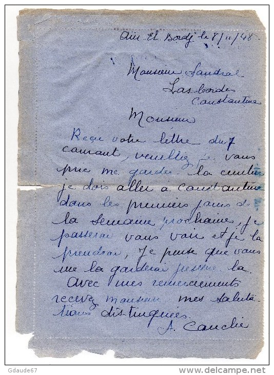 1948 - CARTE LETTRE De SIGUS (CONSTANTINE / ALGERIE) Avec CHAINE BRISEE + MAZELIN SURCHARGES - Lettres & Documents
