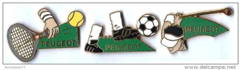 P12 - PEUGEOT - 3 Pin's SPORTS : TENNIS, FOOTBALL Et GOLF - Verso : DEMONS & MERVEILLES - Peugeot