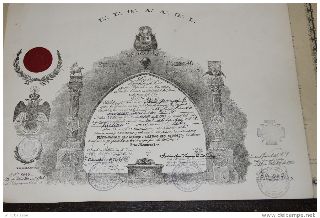 Diplôme Maçonnique De 1965, 31° Grade, Pérou/Lima - Religion & Esotérisme