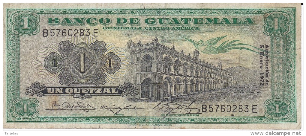 BILLETE DE GUATEMALA DE 1 QUETZAL DEL AÑO 1972  (BANKNOTE)  RARO - Guatemala