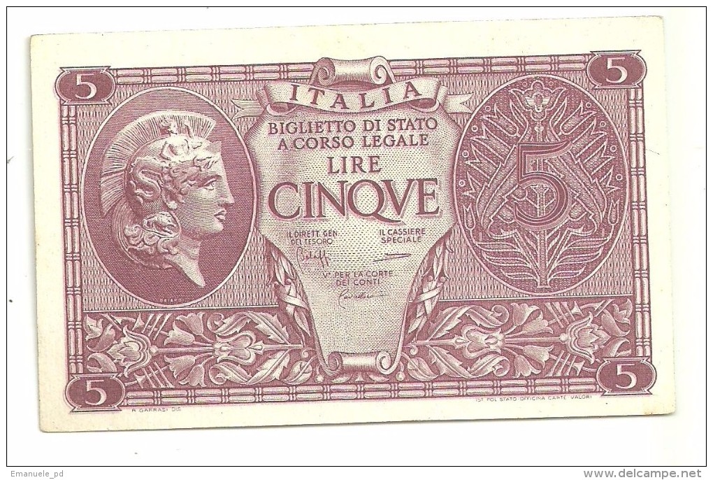 Italy 5 Lire 1944 AUNC .L. - Italia – 5 Lire