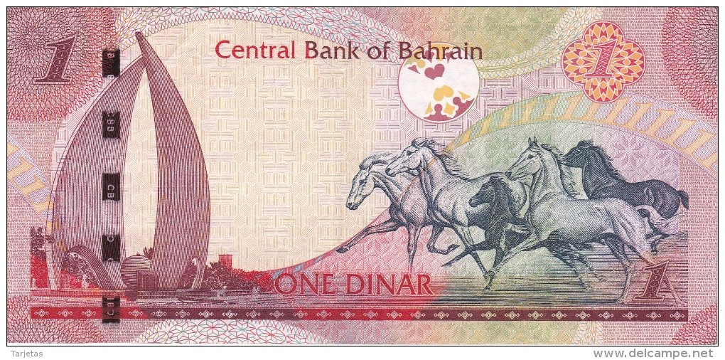 BILLETE DE BAHRAIN DE 1 DINAR DEL AÑO 2008  (BANKNOTE) CABALLO-HORSE - Bahrein
