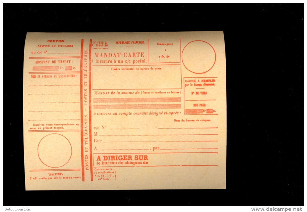 MANDAT CARTE Des PTT Postes Et Télégraphes Formulaire  Vierge Vers 1930 - Chèques & Chèques De Voyage