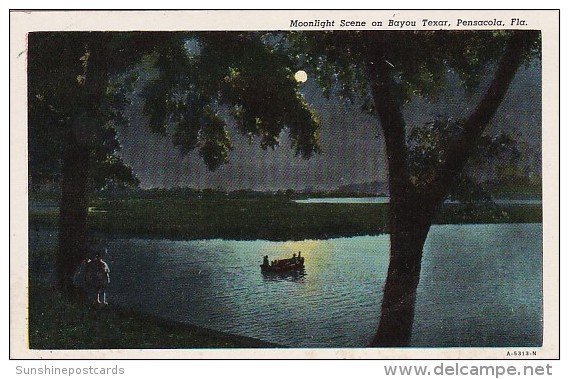 Florida Pensacola Moonlight Scene On Bayou Texas Curteich - Pensacola