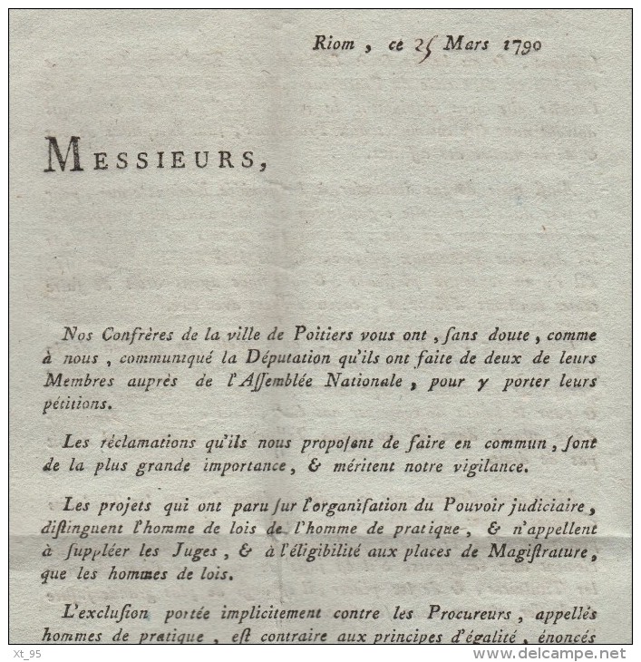 Riom - 62 - Puy De Dome - Courrier De 1790 Destination Strasbourg - 1701-1800: Vorläufer XVIII