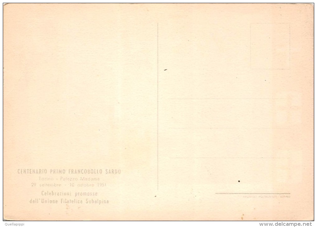 02911 "STORIA POSTALE CENTENARIO PRIMO FRANCOBOLLO SARDO TORINO PALAZZO MADAMA UNIONE FILATELICA SUBAL. "  . - Francobolli (rappresentazioni)