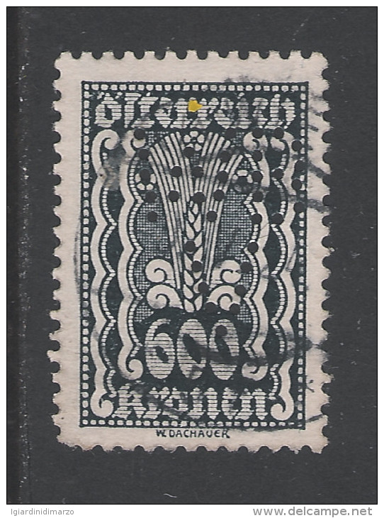 PERFIN AUSTRIA - 1922-24 - Valore Usato Da 600 Kr. Simboli Agricoltura (spiga) Con Perforazione - In Buone Condizioni. - Perforiert/Gezähnt