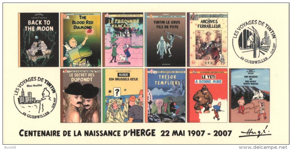 FRANCE 2007 N°62 Albums Fictifs + 2 Cachets Premier Jour FDC TINTIN KUIFJE TIM HERGE GUEBWILLER - Hergé