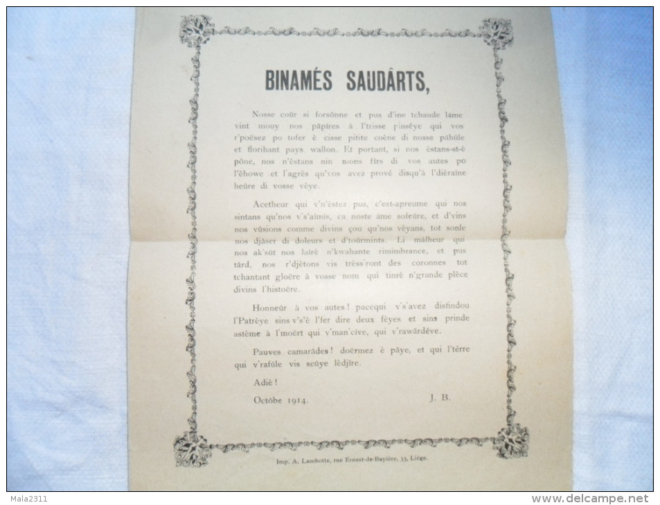 ANCIEN TEXTE EN WALLON DE JOS BRAUN /VAL ST LAMBERT / HOMMAGE AUX SOLDATS TOMBES EN 1914 - Historical Documents