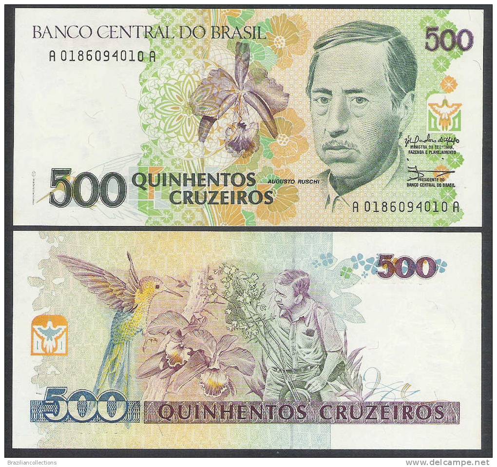 P.230 - Brazil, 500 Cruzeiros, 1990, UNC. Augusto Ruschi. Orchids. - Brésil