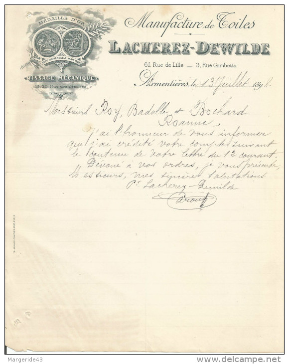 COURRIER LACHEREZ-DEWILDE MANUFACTURE DE TOILES à ARMENTIERES (NORD) 1898 - 1800 – 1899