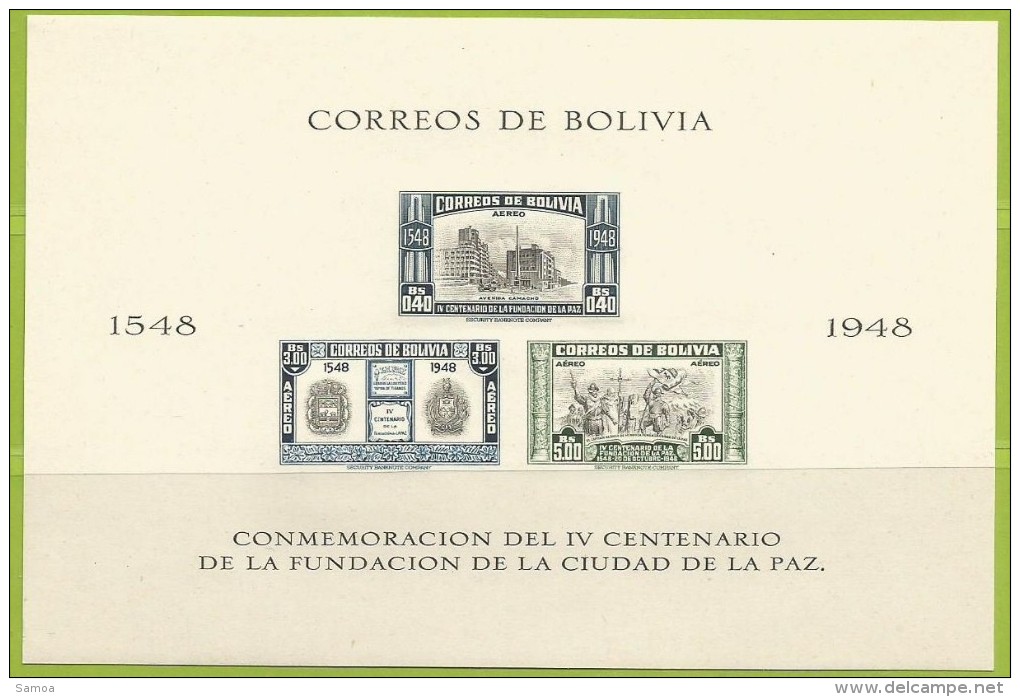 Bolivie 1948 BF 9 ** Non Dentelé La Paz Avenue Camacho Armoiries Capitaine Alonso De Mendoza - Bolivie