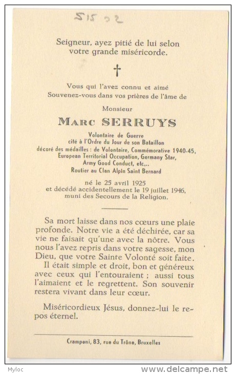 Doodsprentje/Image Pieuse Mortuaire. Marc Serruys. Volontaire De Guerre. 1925/1946. - Images Religieuses