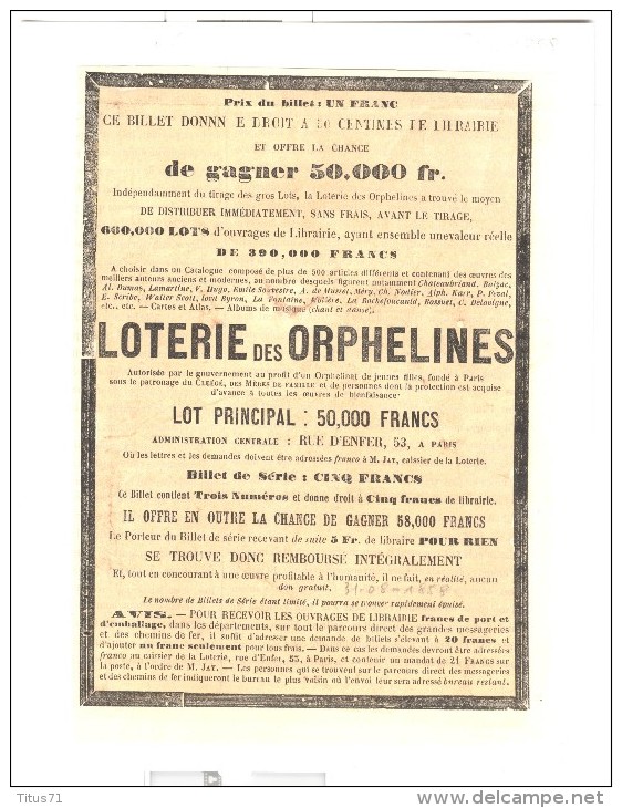 Publicité Loterie Des Orphelines - 1858 - Découpée Dans Un Journal - Lottery Tickets