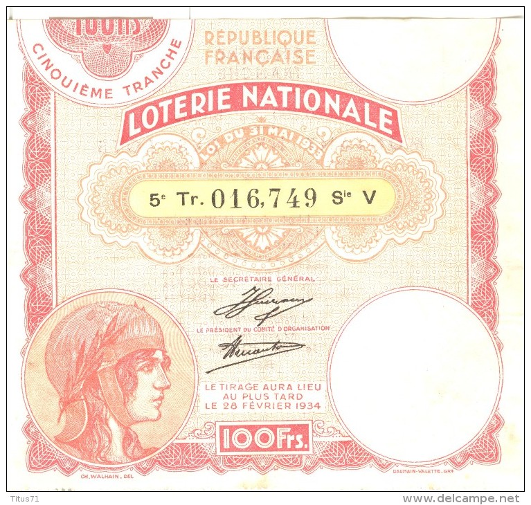 Billet De Loterie Nationale - 1933 - Billets De Loterie