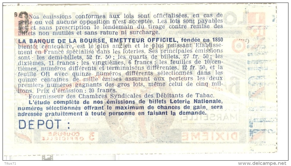 Billet De Loterie Nationale 1939 - Banque De La Bourse - Marseille - Billets De Loterie