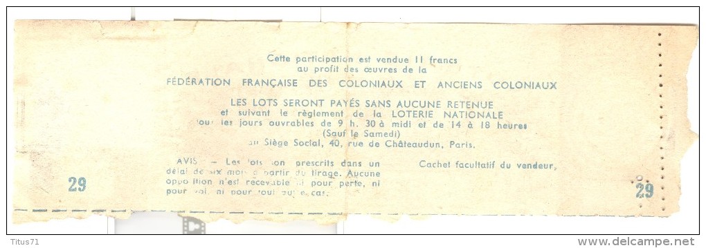 Billet De Loterie Nationale 1943 - Les Coloniaux - Billets De Loterie