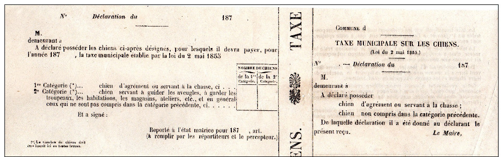 Fiscal, Fiscaux, Taxe Municipale Sur Les Chiens (loi Du 2 Mai 1855) Vierge Avec Son Talon, Voir Détail Au Dos - Autres & Non Classés