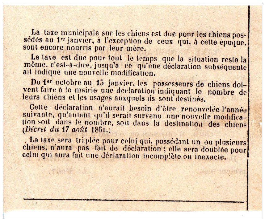 Fiscal, Fiscaux, Taxe Municipale Sur Les Chiens (loi Du 2 Mai 1855) Vierge Avec Son Talon, Voir Détail Au Dos - Autres & Non Classés