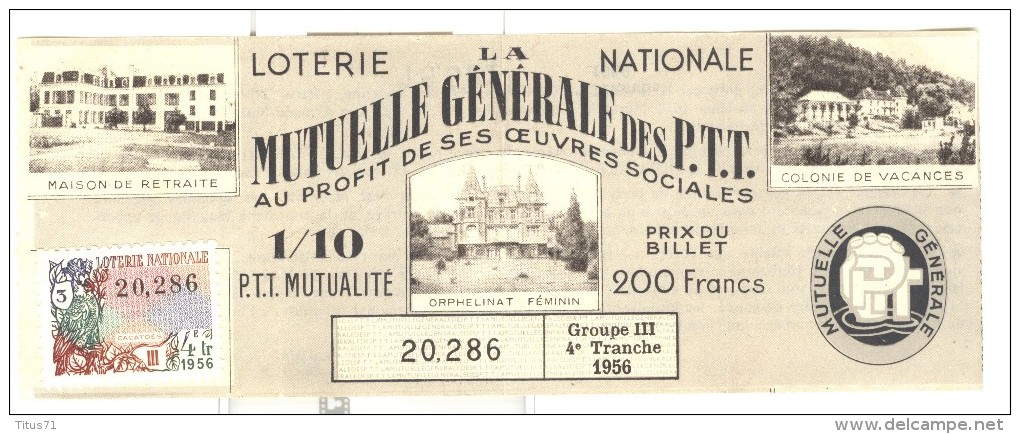 Billet Loterie Nationale - La Mutuelle Générale Des P.T.T - 1956 - Billets De Loterie