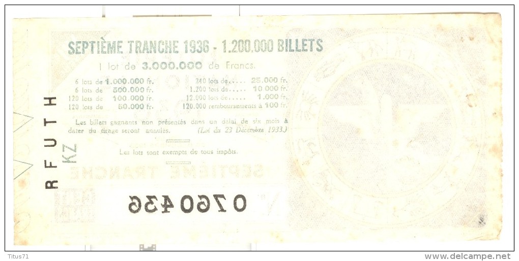 Billet Loterie Nationale - 1936 - Lotterielose