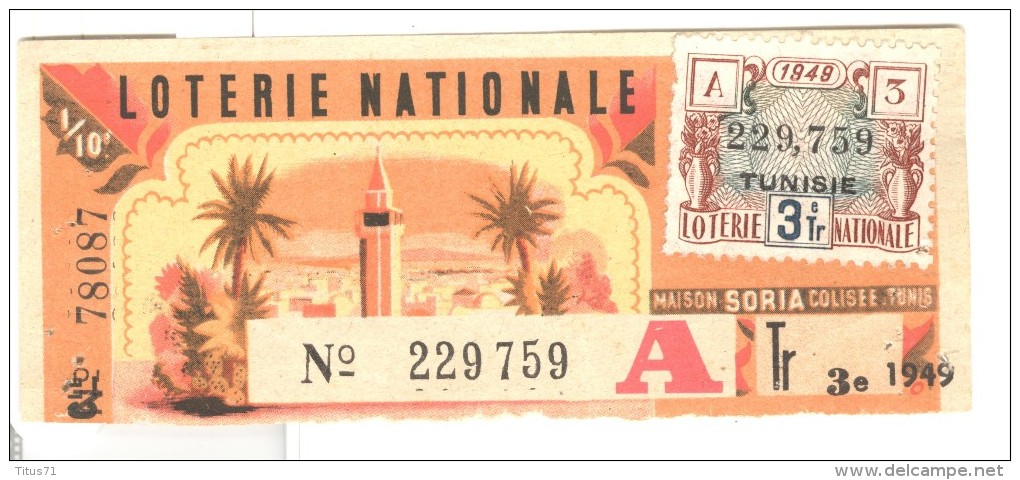 Billet Loterie Nationale - Tunisie - 1949 - Billets De Loterie