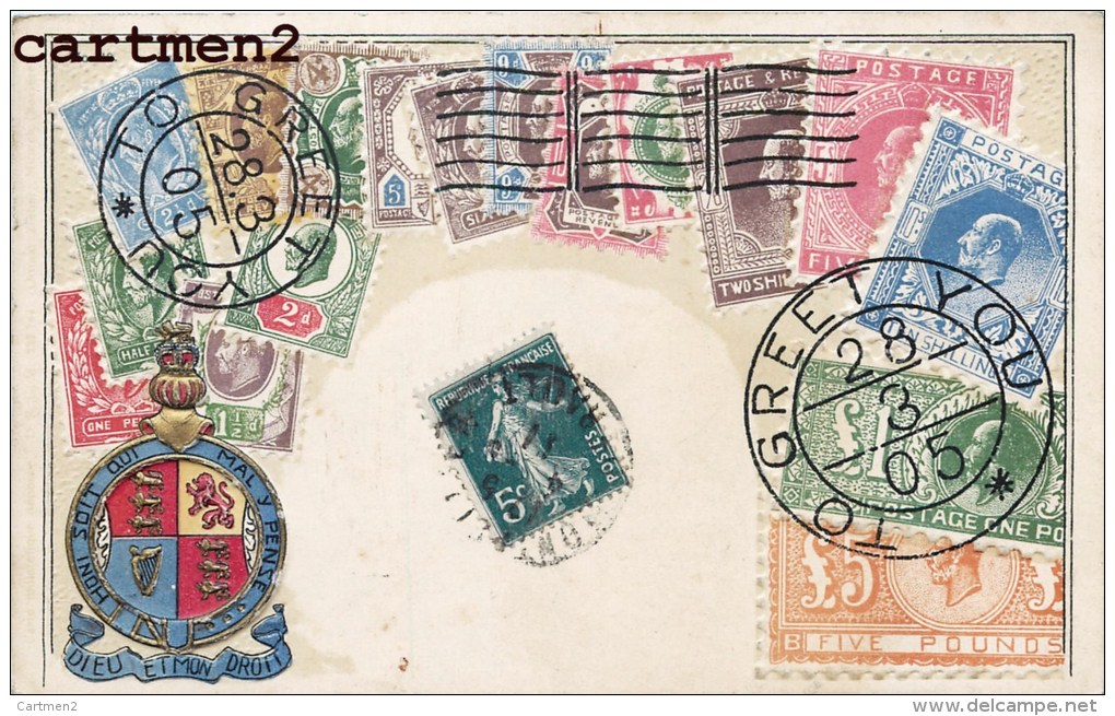 EMBOSSED CARD 1900 : STAMP TIMBRES ENGLAND TIMBRE " TO GREET YOU " Honi Soit Qui Mal Y Pense " - Stamps (pictures)