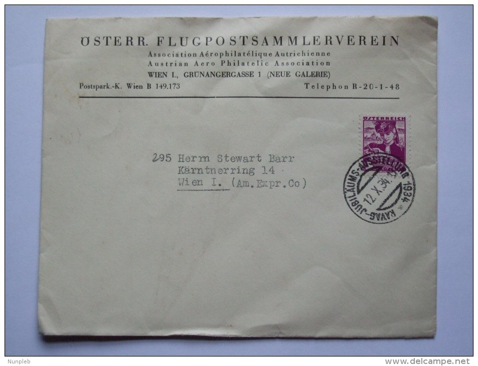 AUSTRIA 1934 COVER FLUGPOSTSAMMLERVEREIN WITH JUBILAUMS AUSSTELLUNG SONDERSTEMPEL - Covers & Documents