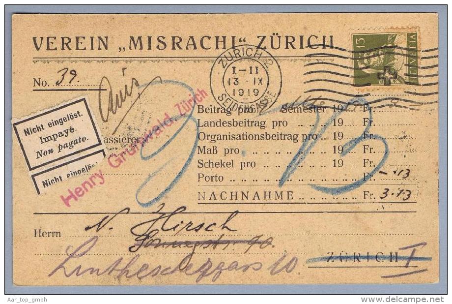Heimat Rasierklingen-O Zürich 1919-09-16 Ankunft-Razor Auf Retournierter Nachnahme - Lettres & Documents