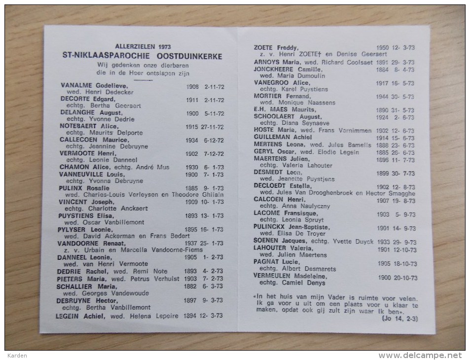 Overleden Parochianen Oostduinkerke Sint Niklaas Parochie 1972 - 1973 - Religione & Esoterismo