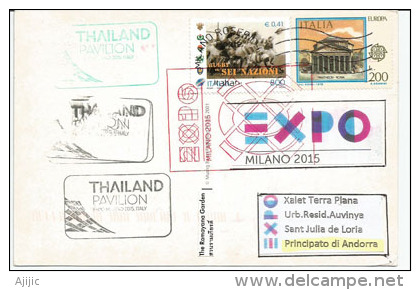 THAÏLANDE.EXPO MILANO 2015 , Carte Postale Du Pavillon Thaïlandais (Ramayama Garden. Mueang Boran) Adressée En ANDORRE - 2015 – Milan (Italie)