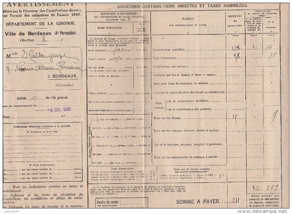 1940 - BORDEAUX Gironde - Contributions Directes :  Mobilière, Taxe Habitation, Sur Les Chiens - Non Classés