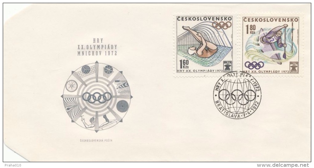 Czechoslovakia / First Day Cover (1972/10 A) Bratislava: Olympic Games 1972 Munich (diving, Canoeing) - Plongée