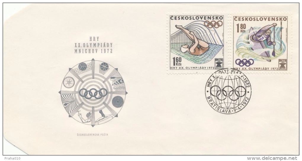 Czechoslovakia / First Day Cover (1972/10 A) Bratislava: Olympic Games 1972 Munich (diving, Canoeing) - Duiken