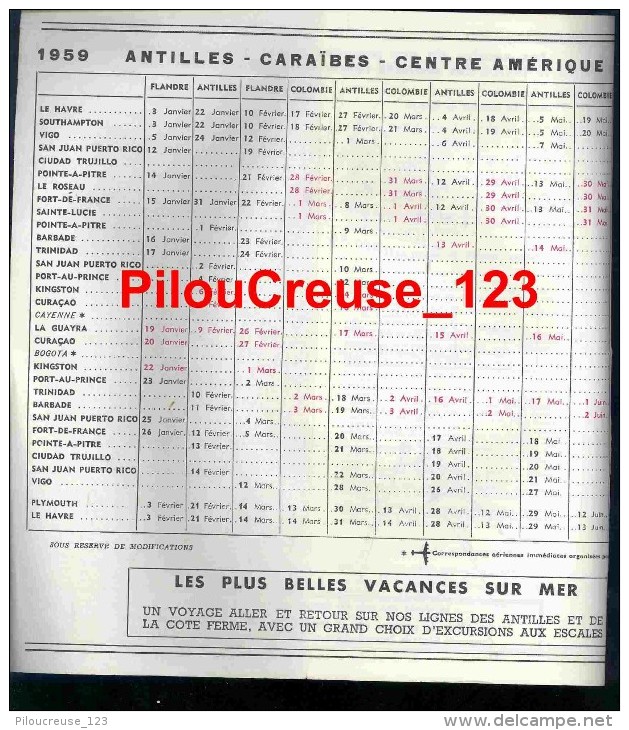 INDICATEUR COMPAGNIE GENERALE TRANSATLANTIQUE - " Horaires Ligne Des ANTILLES Et De La COTE FERME " - Welt