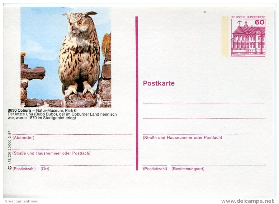 1750  Germany, Stationery Card 1987  ,    Owl,  Eule,  Hibou - Owls