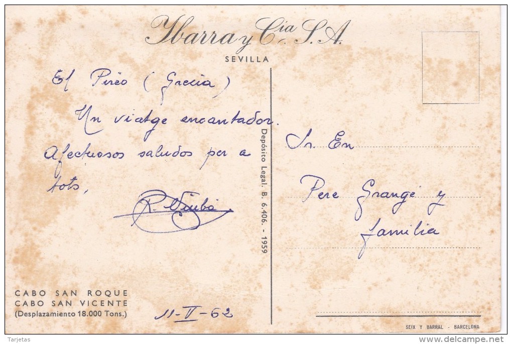 POSTAL DEL BARCO SEVILLA EN EL CABO DE SAN ROQUE AÑO 1962 (BARCO-SHIP) IBARRA Y Cia - Comercio