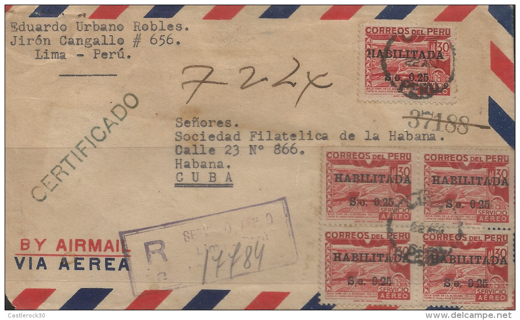 G)1951 PERU, MULTIPLE OF TYPE OF 1938 SURCHARGED IN BLACK, REGISTERED AIRMAIL CIRCULATED COVER TO CARIBEAN DESTINATION, - Peru