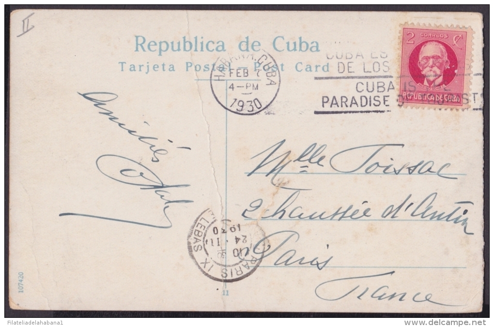 POS-101 CUBA 1930 POSTCARD HABANA HAVANA OLD CANNON AT CABAÑA CASTLE. BATERIA DE CAÑONES DE LA CABAÑA TO FRANCE. - Cuba