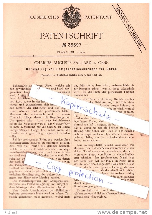 Original Patent - Charles Auguste Paillard In Genf , 1886 , Compensationsunruhen Für Uhren !!! - Documents Historiques