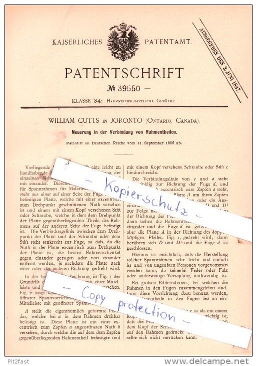 Original Patent  - William Cutts In Joronto / Toronto , Ontario, Canada , 1886 , Verbindung Von Rahmentheilen !!! - Documents Historiques