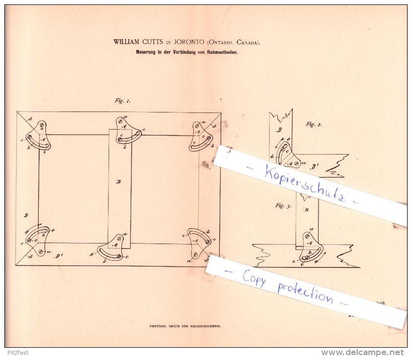 Original Patent  - William Cutts In Joronto / Toronto , Ontario, Canada , 1886 , Verbindung Von Rahmentheilen !!! - Documents Historiques